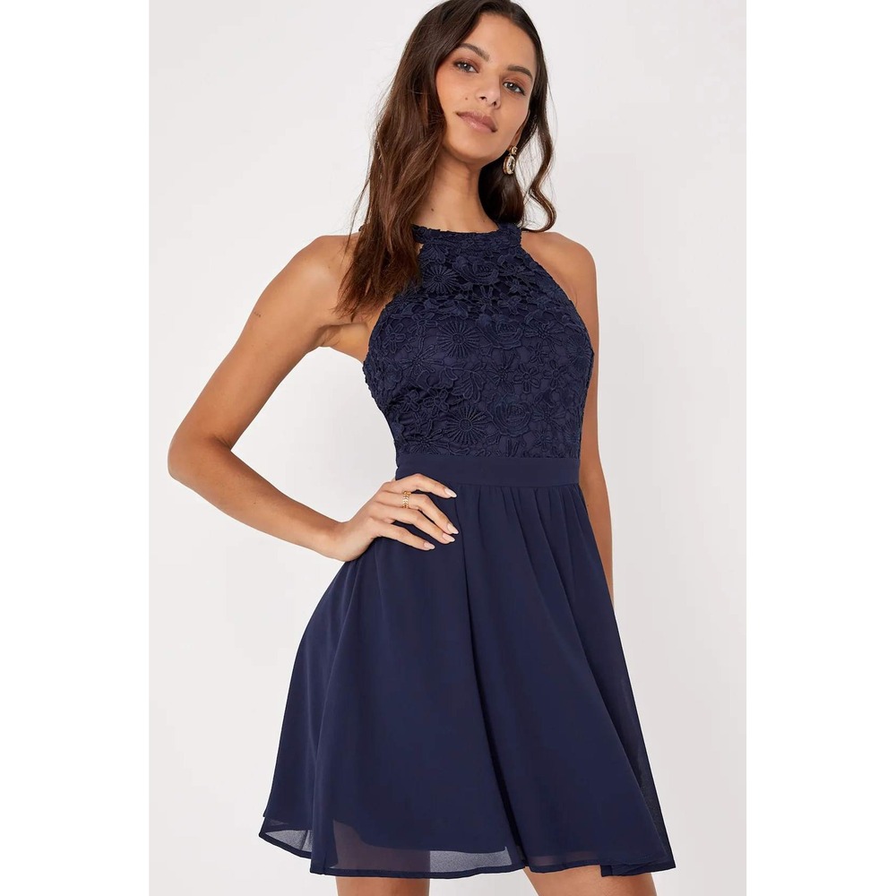 Lulus Lovers Game Navy Blue Lace Skater Dress Halter Neck Mini XS NWT